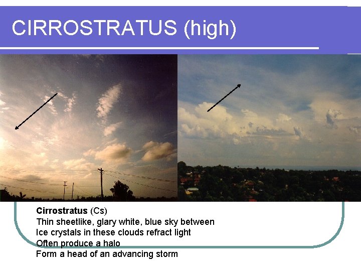 CIRROSTRATUS (high) Cirrostratus (Cs) Thin sheetlike, glary white, blue sky between Ice crystals in