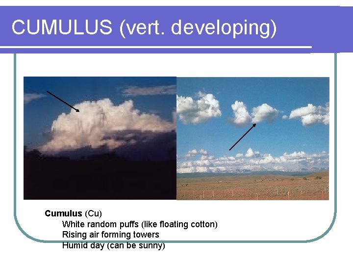CUMULUS (vert. developing) Cumulus (Cu) White random puffs (like floating cotton) Rising air forming