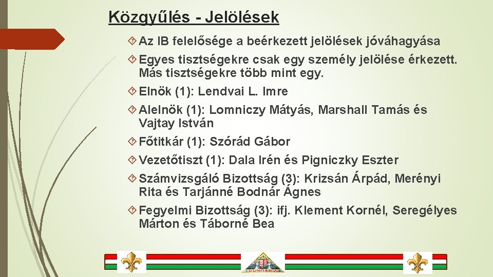 Közgyűlés - Jelölések Az IB felelősége a beérkezett jelölések jóváhagyása Egyes tisztségekre csak egy