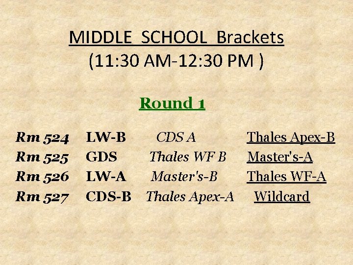 MIDDLE SCHOOL Brackets (11: 30 AM-12: 30 PM ) Round 1 Rm 524 Rm