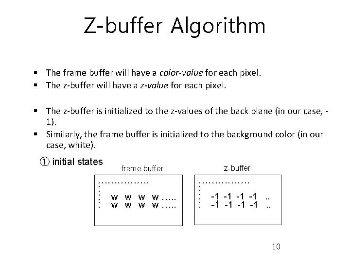 Z-buffer Algorithm § The frame buffer will have a color-value for each pixel. §