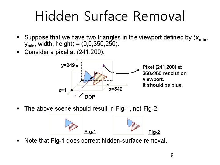 Hidden Surface Removal § Suppose that we have two triangles in the viewport defined