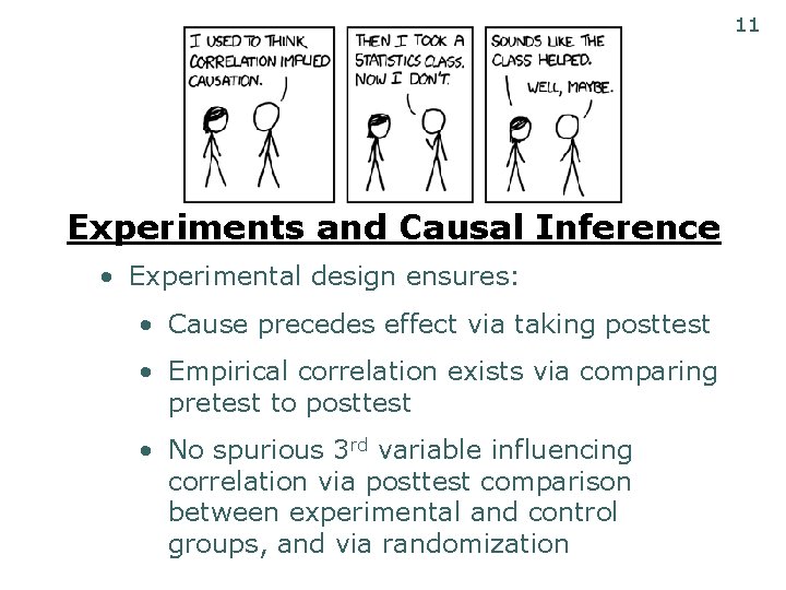 11 Experiments and Causal Inference • Experimental design ensures: • Cause precedes effect via