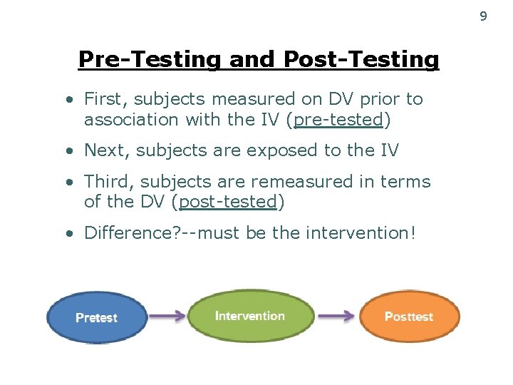 9 Pre-Testing and Post-Testing • First, subjects measured on DV prior to association with