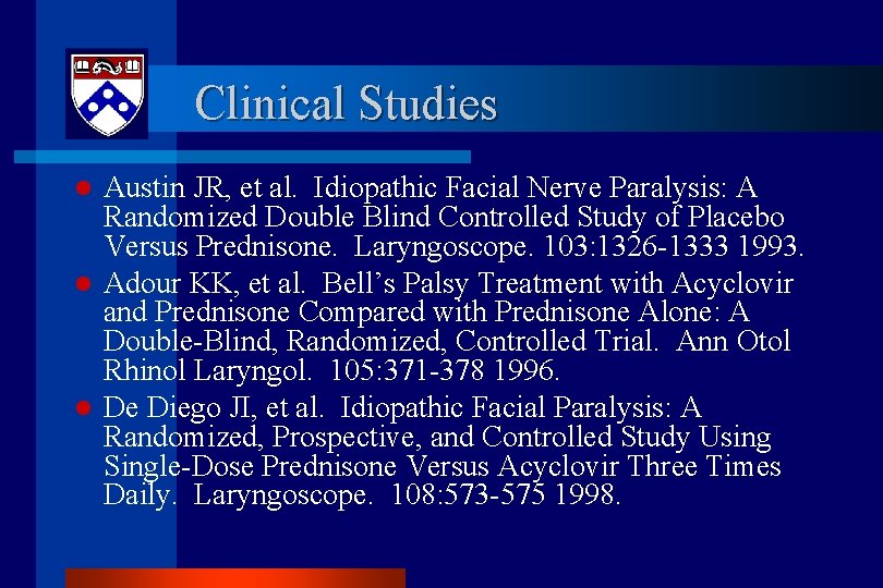 Clinical Studies l l l Austin JR, et al. Idiopathic Facial Nerve Paralysis: A