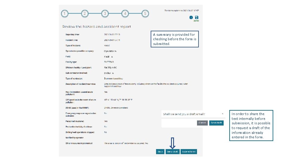 A summary is provided for checking before the form is submitted. Operator A Field