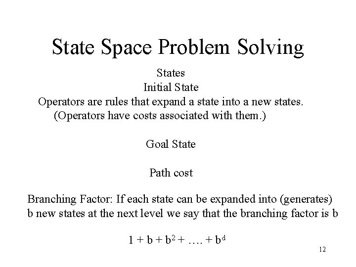 State Space Problem Solving States Initial State Operators are rules that expand a state