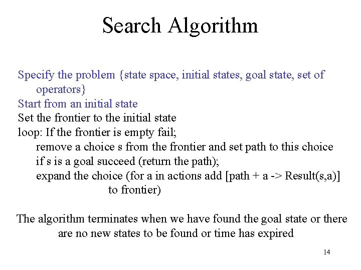 Search Algorithm Specify the problem {state space, initial states, goal state, set of operators}