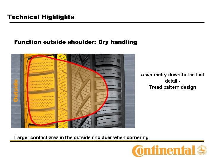 Technical Highlights Function outside shoulder: Dry handling Asymmetry down to the last detail Tread