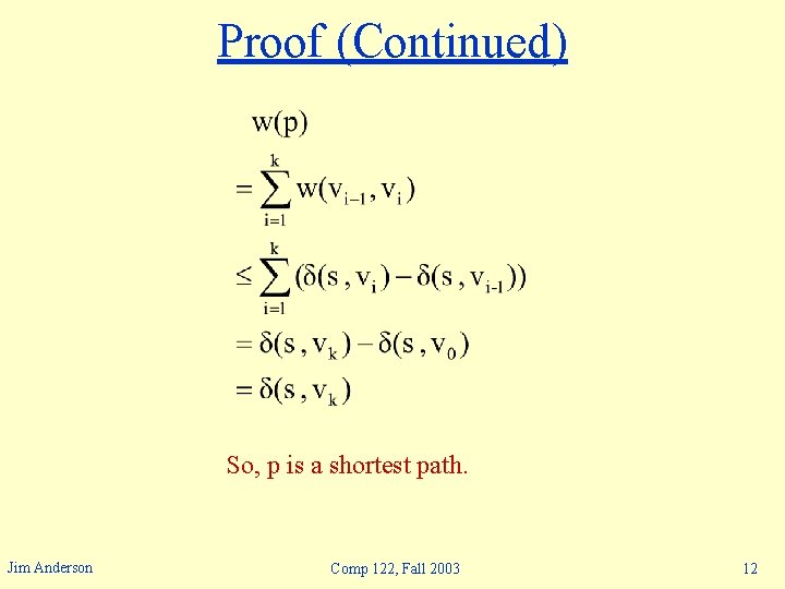 Proof (Continued) So, p is a shortest path. Jim Anderson Comp 122, Fall 2003