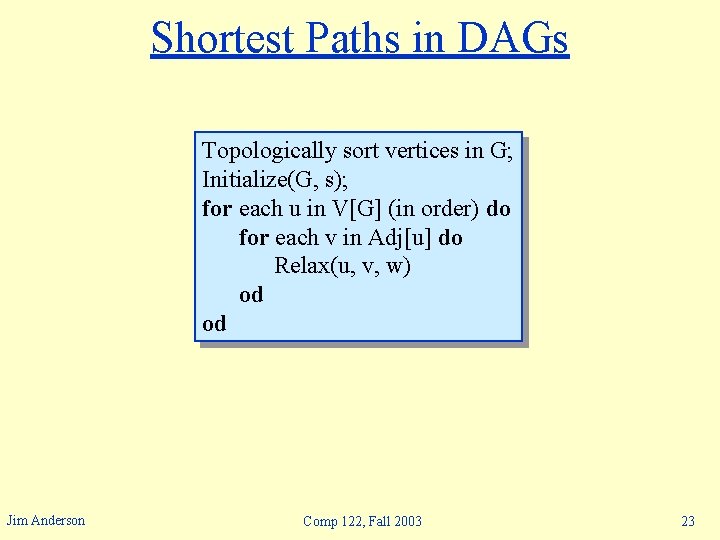 Shortest Paths in DAGs Topologically sort vertices in G; Initialize(G, s); for each u