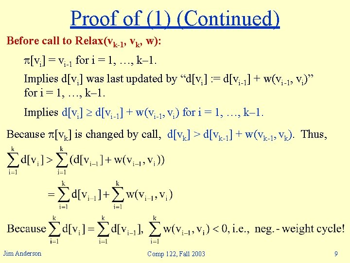 Proof of (1) (Continued) Before call to Relax(vk-1, vk, w): [vi] = vi-1 for