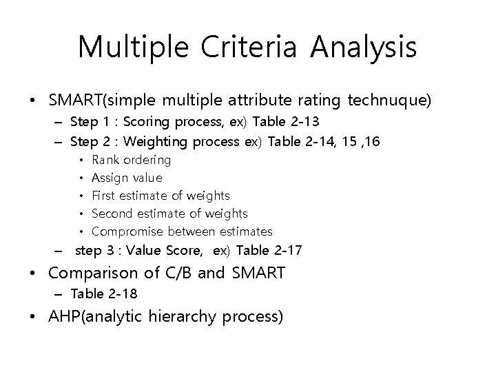 Multiple Criteria Analysis • SMART(simple multiple attribute rating technuque) – Step 1 : Scoring