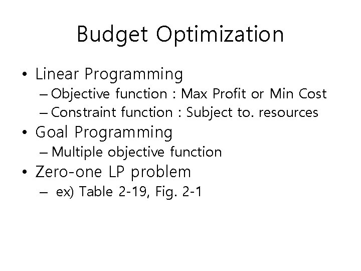 Budget Optimization • Linear Programming – Objective function : Max Profit or Min Cost