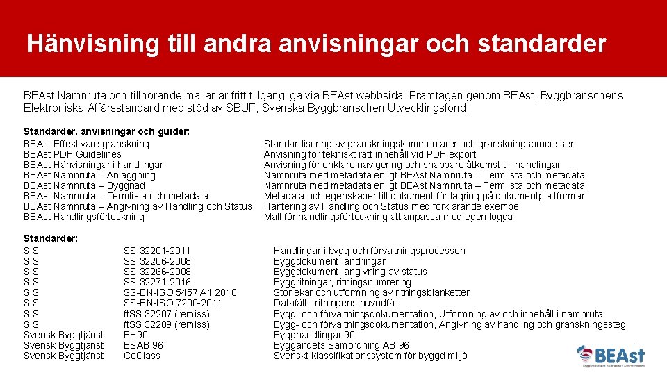 Hänvisning till andra anvisningar och standarder BEAst Namnruta och tillhörande mallar är fritt tillgängliga