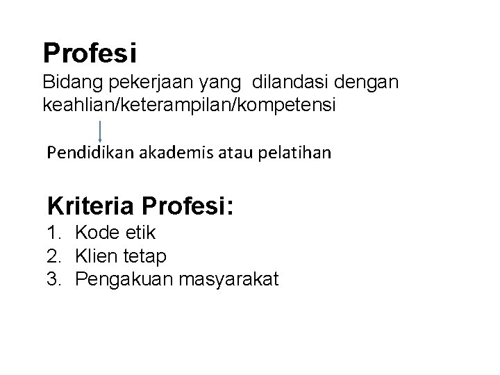 Profesi Bidang pekerjaan yang dilandasi dengan keahlian/keterampilan/kompetensi Pendidikan akademis atau pelatihan Kriteria Profesi: 1.