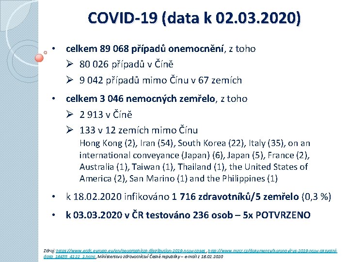 COVID-19 (data k 02. 03. 2020) • celkem 89 068 případů onemocnění, z toho