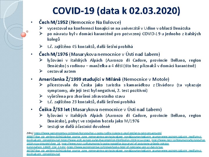 COVID-19 (data k 02. 03. 2020) • Čech M/1952 (Nemocnice Na Bulovce) Ø vycestoval