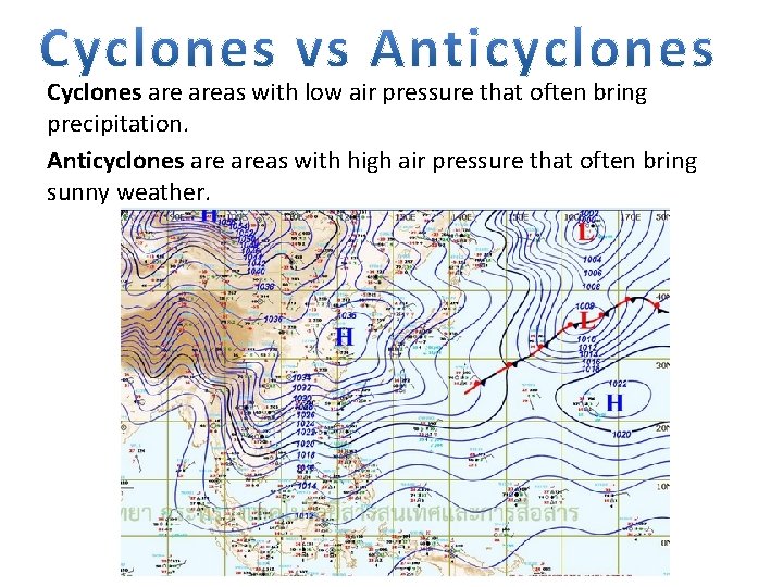 Cyclones areas with low air pressure that often bring precipitation. Anticyclones areas with high