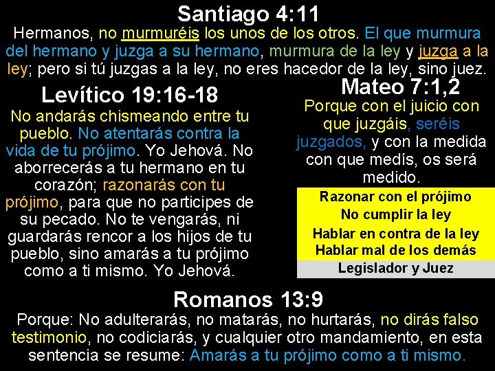 Santiago 4: 11 Hermanos, no murmuréis los unos de los otros. El que murmura