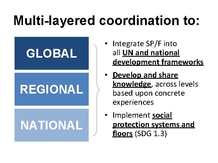 Multi-layered coordination to: GLOBAL • Integrate SP/F into all UN and national development frameworks