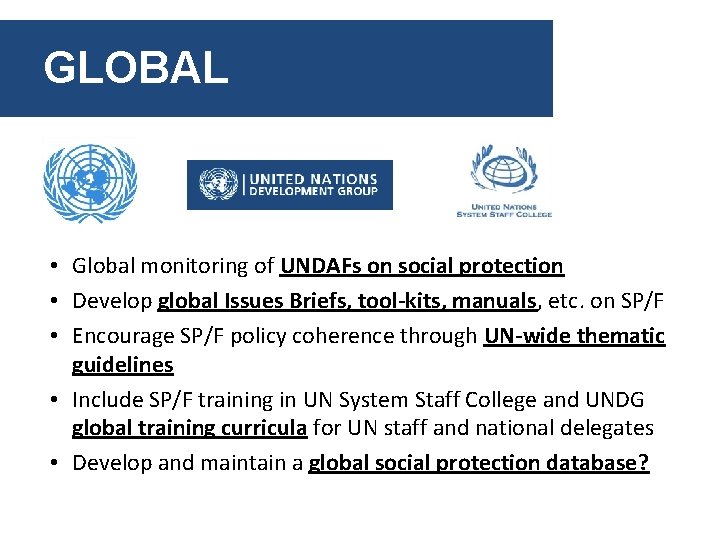 GLOBAL • Global monitoring of UNDAFs on social protection • Develop global Issues Briefs,