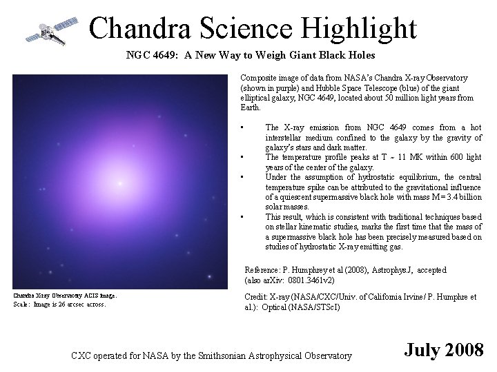 Chandra Science Highlight NGC 4649: A New Way to Weigh Giant Black Holes Composite