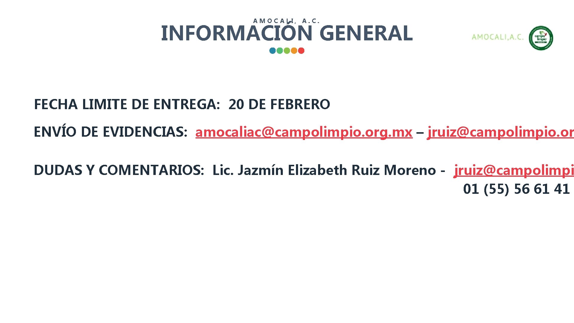 AMOCALI, A. C. INFORMACIÓN GENERAL FECHA LIMITE DE ENTREGA: 20 DE FEBRERO ENVÍO DE