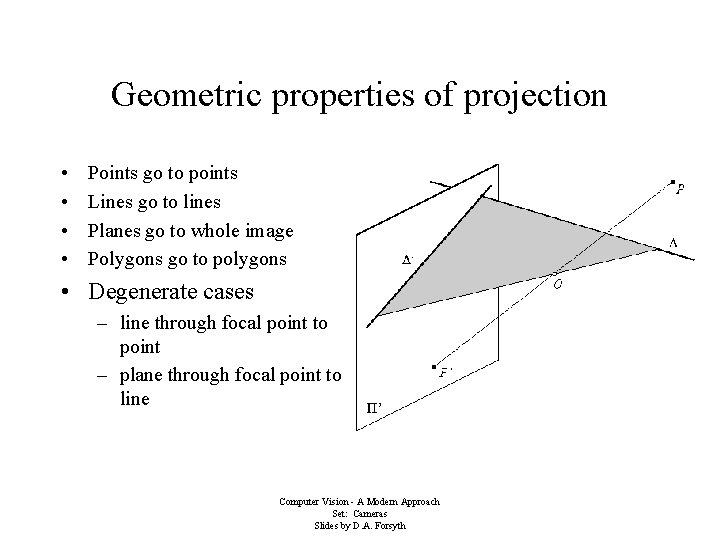 Geometric properties of projection • • Points go to points Lines go to lines