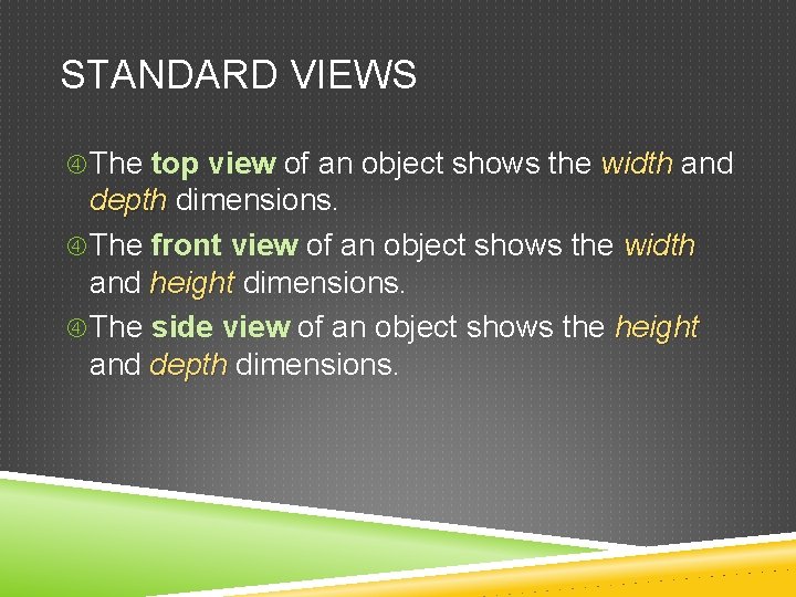 STANDARD VIEWS The top view of an object shows the width and depth dimensions.