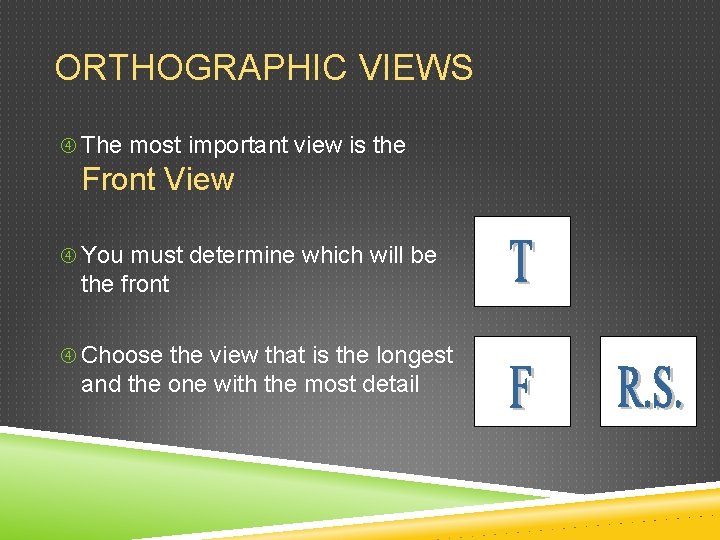 ORTHOGRAPHIC VIEWS The most important view is the Front View You must determine which