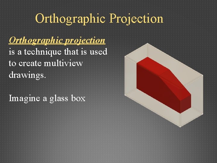 Orthographic Projection Orthographic projection is a technique that is used to create multiview drawings.