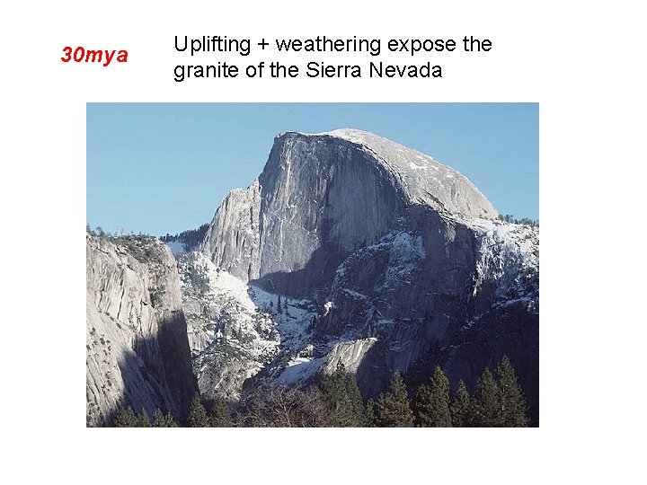 30 mya Uplifting + weathering expose the granite of the Sierra Nevada 