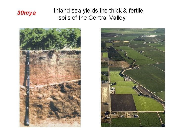 30 mya Inland sea yields the thick & fertile soils of the Central Valley