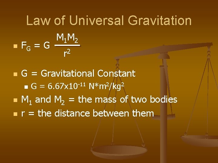 Law of Universal Gravitation M 1 M 2 n FG = G n G