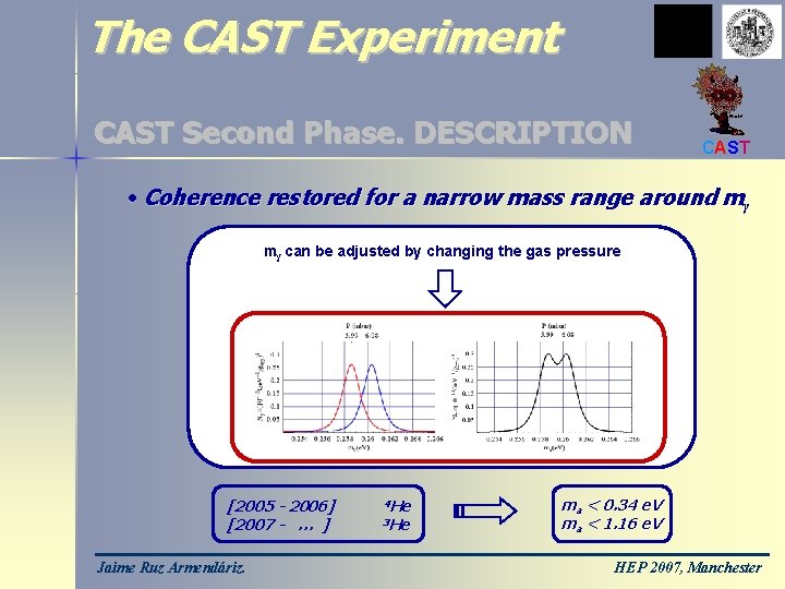 The CAST Experiment CAST Second Phase. DESCRIPTION CAST • Coherence restored for a narrow
