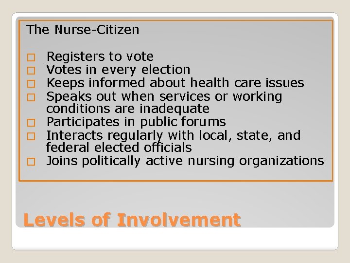 The Nurse-Citizen Registers to vote Votes in every election Keeps informed about health care