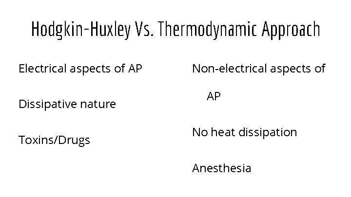 Hodgkin-Huxley Vs. Thermodynamic Approach Electrical aspects of AP Dissipative nature Toxins/Drugs Non-electrical aspects of