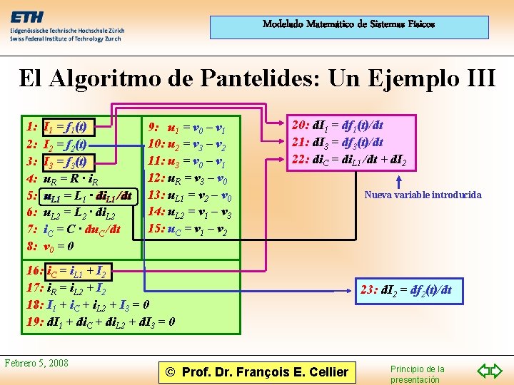 Modelado Matemático de Sistemas Físicos El Algoritmo de Pantelides: Un Ejemplo III 1: 2: