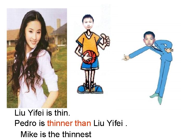 Liu Yifei is thin. Pedro is thinner than Liu Yifei. Mike is the thinnest