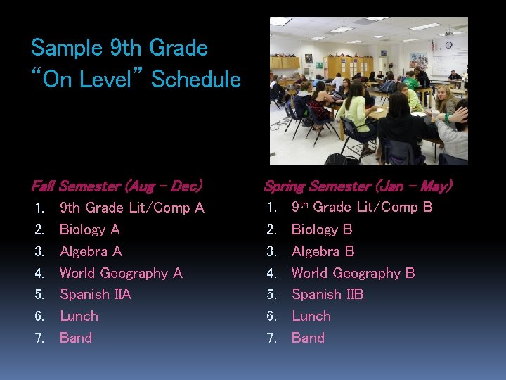 Sample 9 th Grade “On Level” Schedule Fall Semester (Aug – Dec) 1. 2.