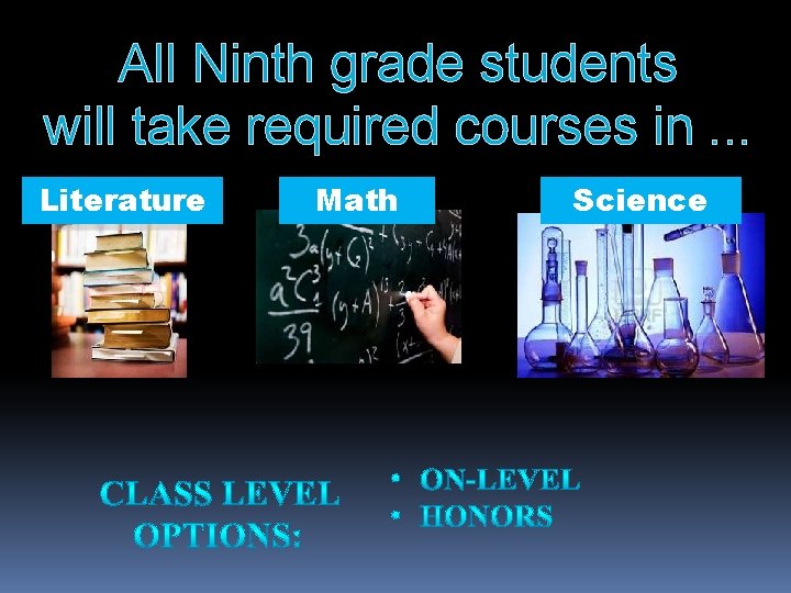 All Ninth grade students will take required courses in. . . Literature Math Science