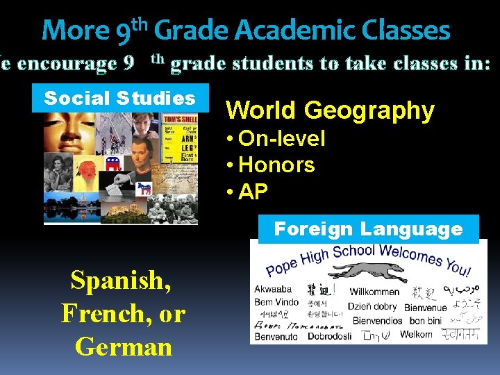 th More 9 Grade Academic Classes We encourage 9 th grade students to take