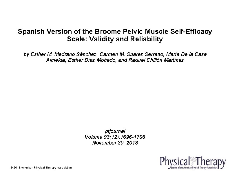Spanish Version of the Broome Pelvic Muscle Self-Efficacy Scale: Validity and Reliability by Esther