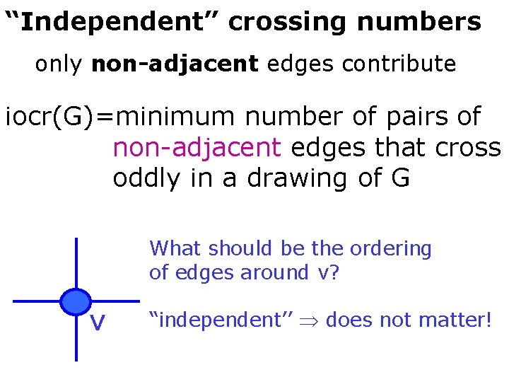 “Independent” crossing numbers only non-adjacent edges contribute iocr(G)=minimum number of pairs of non-adjacent edges