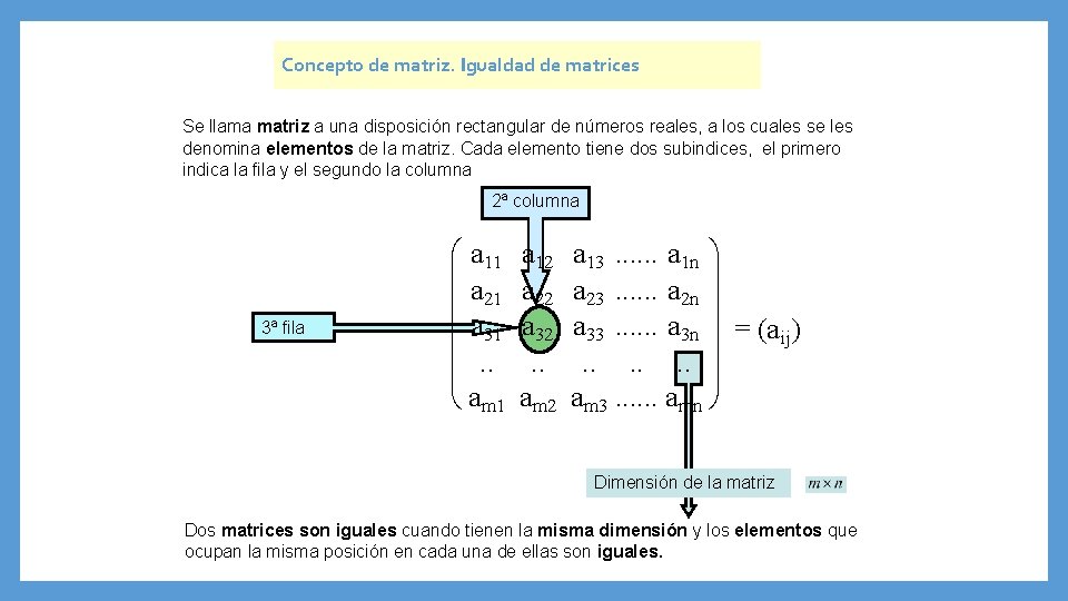 Concepto de matriz. Igualdad de matrices Se llama matriz a una disposición rectangular de