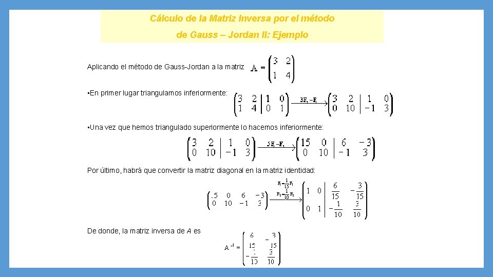 Cálculo de la Matriz Inversa por el método de Gauss – Jordan II: Ejemplo