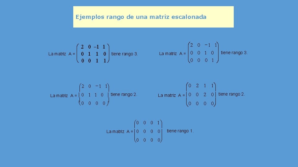 Ejemplos rango de una matriz escalonada æ 2 0 – 1 1 ö ç