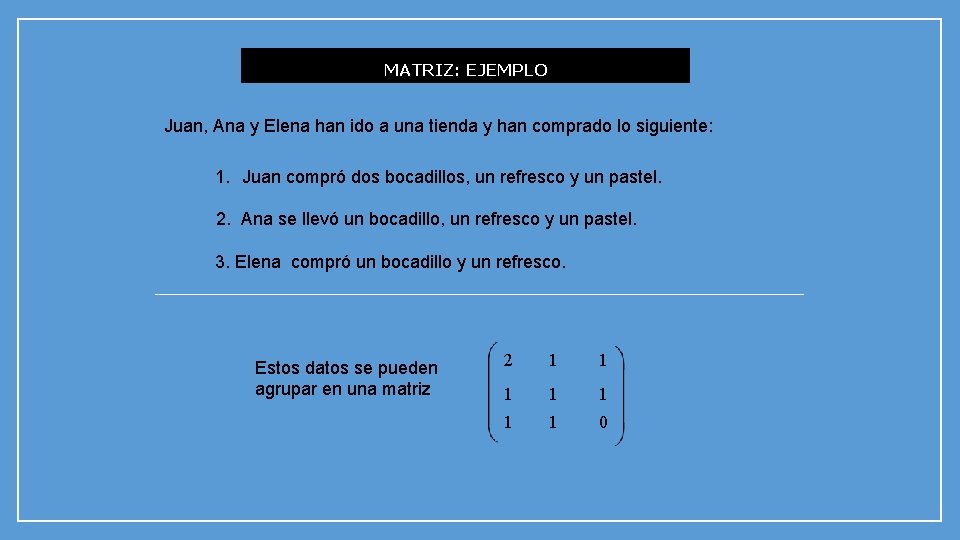 MATRIZ: EJEMPLO Juan, Ana y Elena han ido a una tienda y han comprado