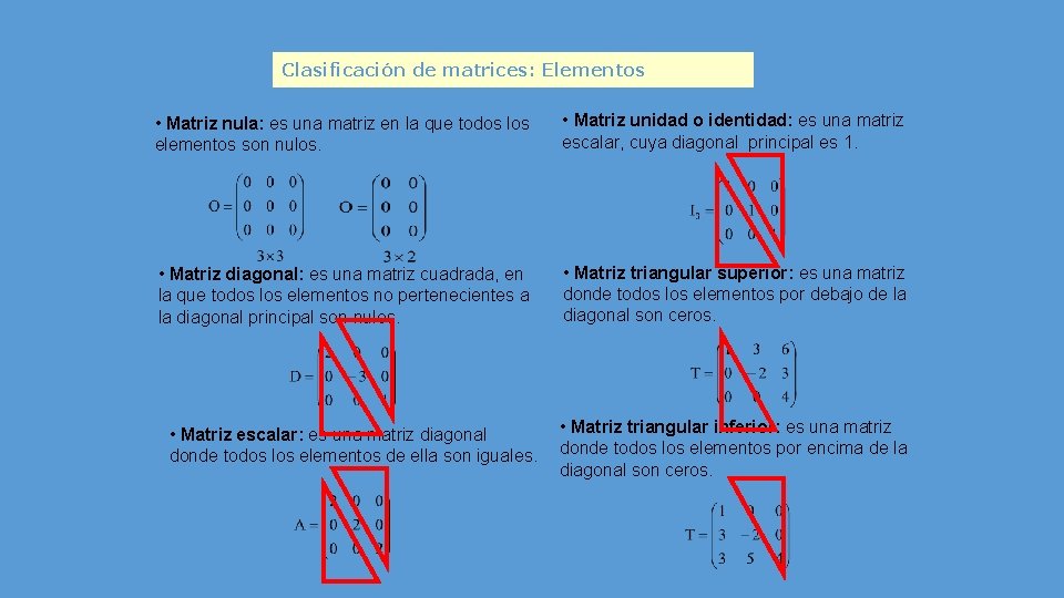 Clasificación de matrices: Elementos • Matriz nula: es una matriz en la que todos